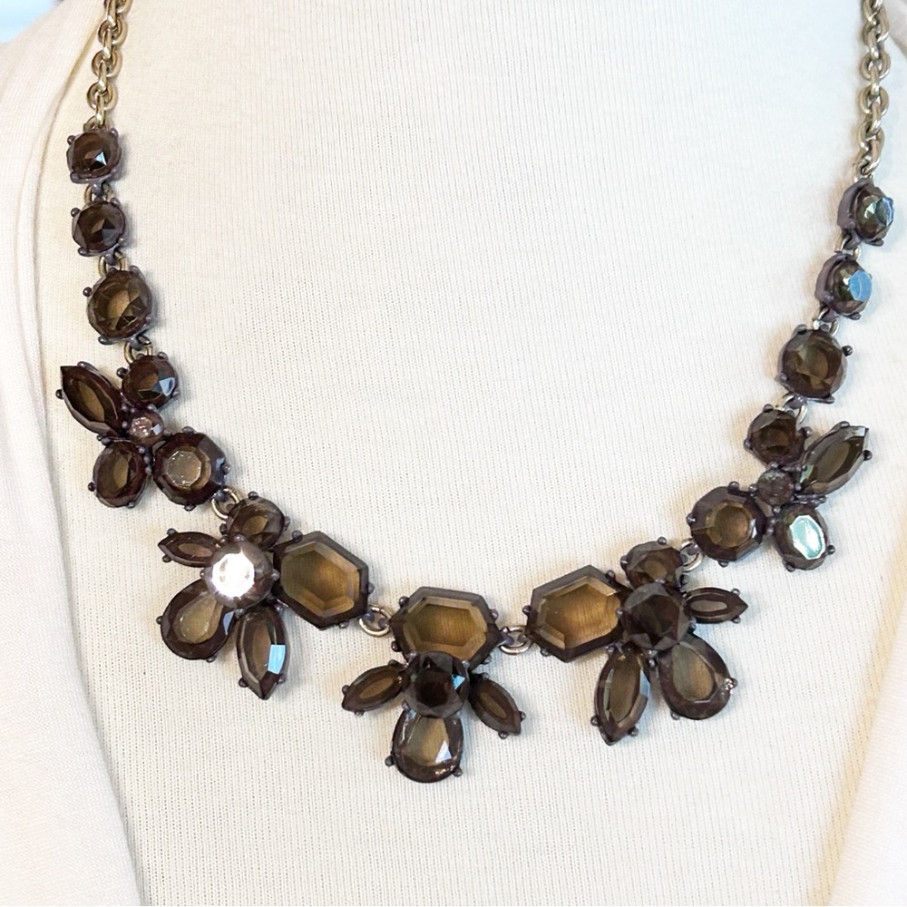 J. Crew Smoky Brown Faceted Crystal Necklace with Floral Design